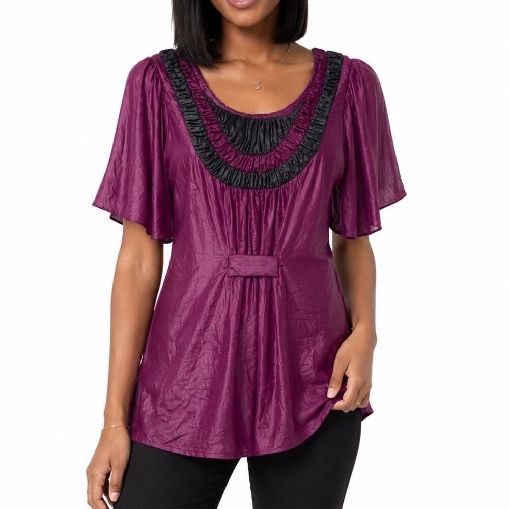 M BCBG BCBGeneration Tie Back Shimmer Flutter Sleeve Tunic Flowy Blouse Top